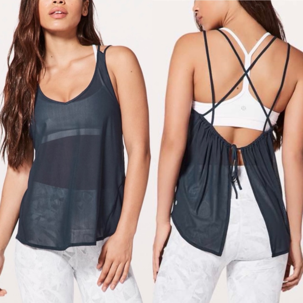 Lululemon Sheer V Neck Strappy Tank Top With Cinch Back Tie Navy Blue
